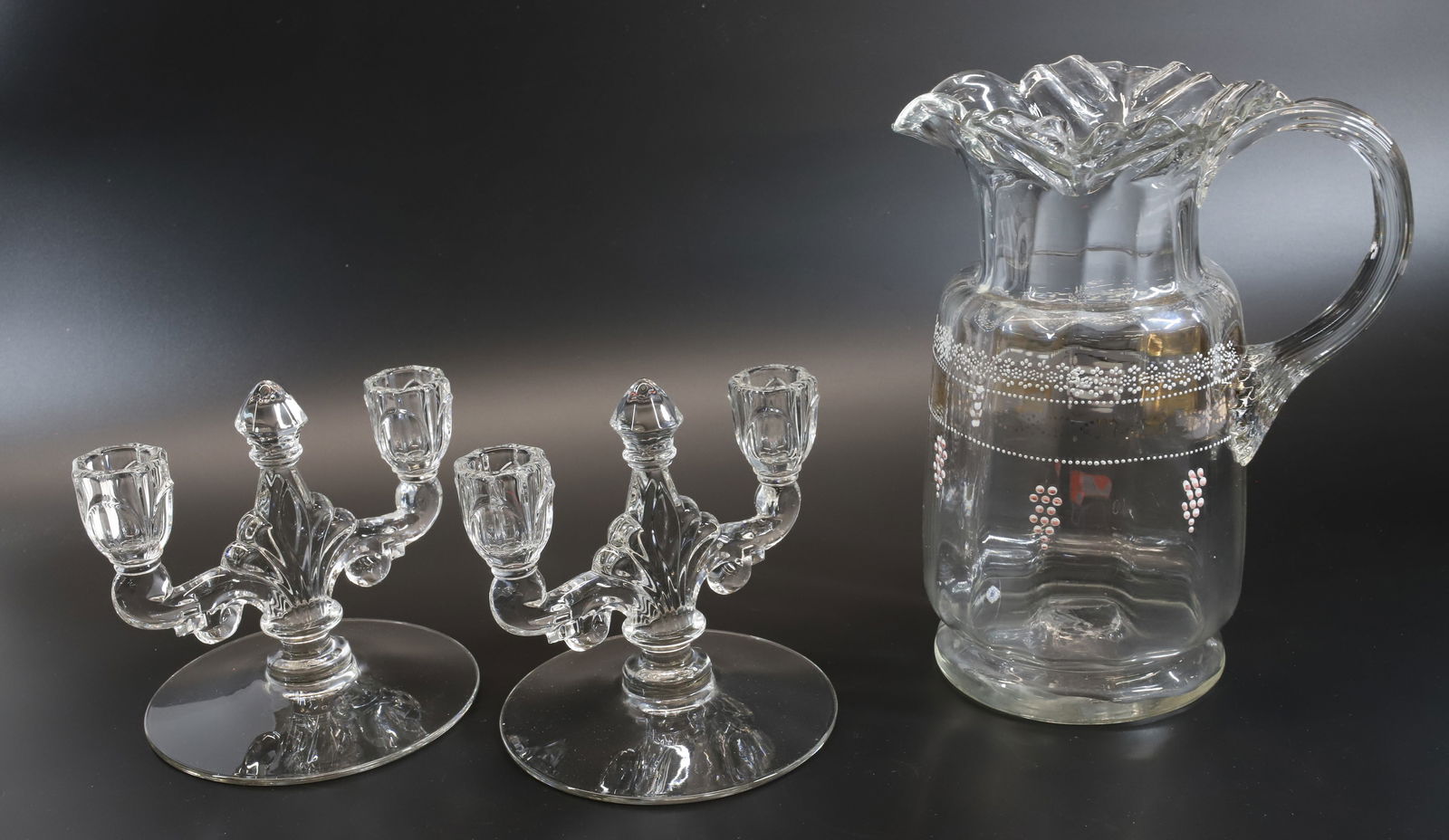 PAIR OF HEISEY CANDLEHOLDERS AND VICTORIAN PITCHER (1 of 3)