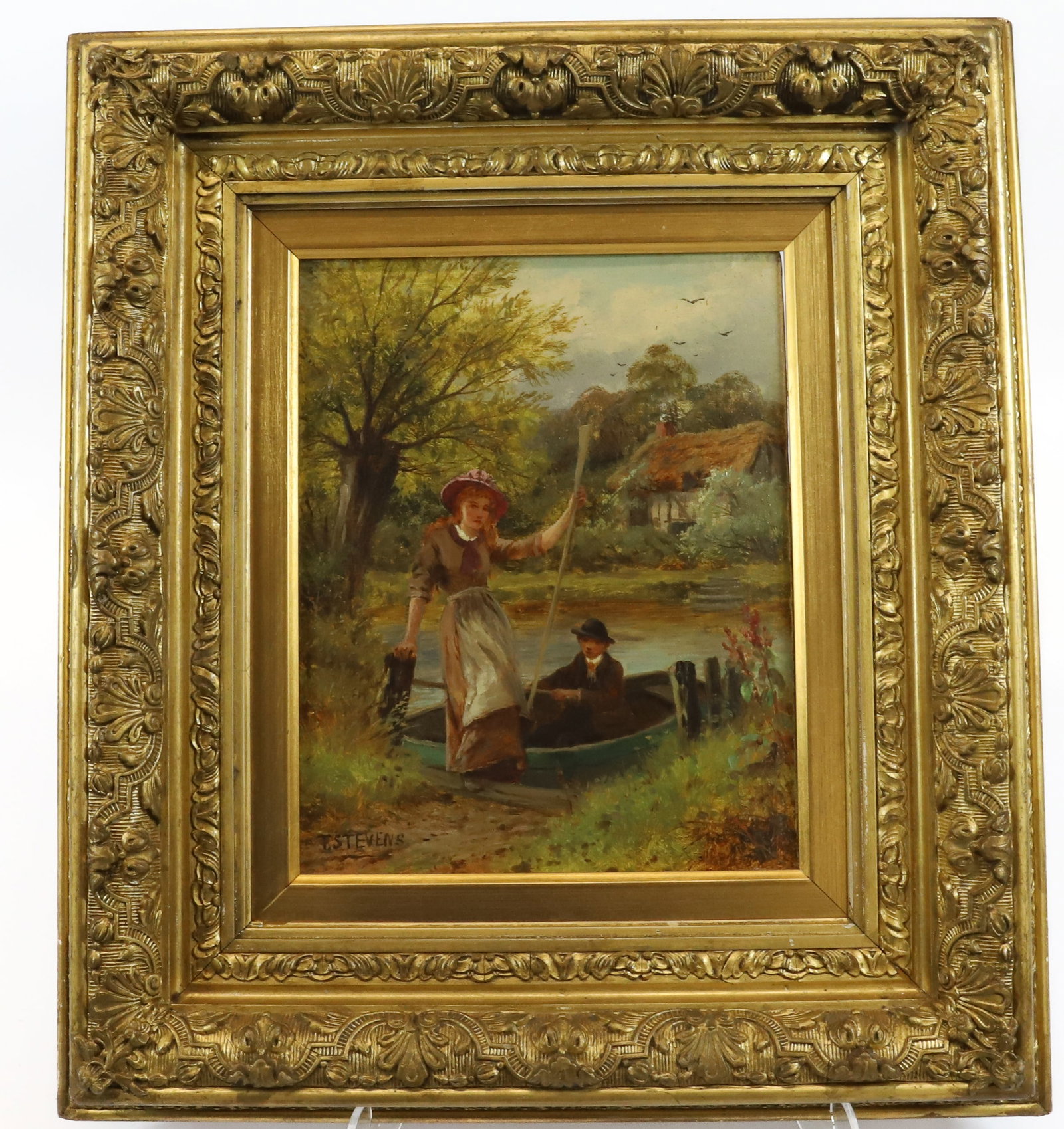 T. STEVENS OIL ON CANVAS: WOMAN ASIDE OF MAN IN ROWBOAT. ORNATE GOLD FRAME. 9 3/4" X 7 3/4". Terms: PLEASE READ CAREFULLY - Terms for Purchasing and Shipping of Auction Items. Please read carefully before bidding. All payments