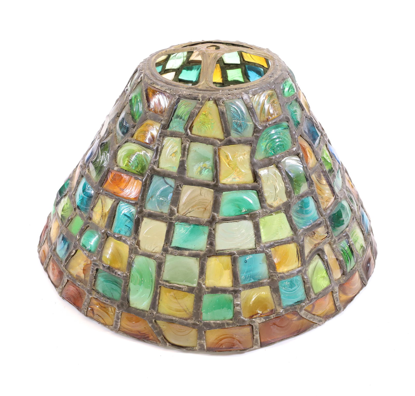 MOSAIC GLASS SHADE: LEADED SHADE WITH MULTI-COLOR TEXTURED GLASS. 7" X 11". Terms: PLEASE READ CAREFULLY - Terms for Purchasing and Shipping of Auction Items. Please read carefully before bidding. All payments for purcha