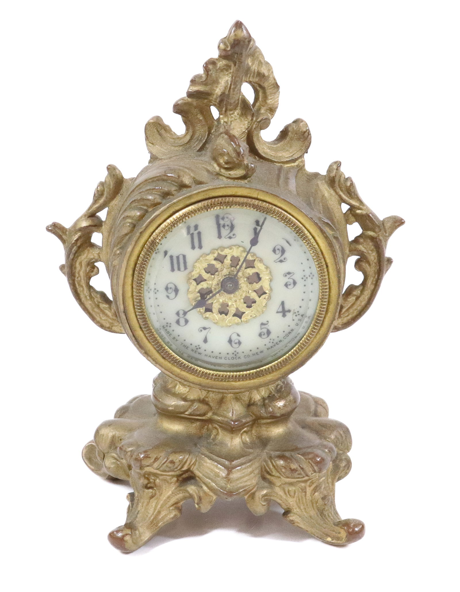NEW HAVEN CLOCK: SPELTER CASE PORCELAIN ENAMEL FACE 6" X 4" Terms: PLEASE READ CAREFULLY - Terms for Purchasing and Shipping of Auction Items. Please read carefully before bidding. All payments for purchases will be m