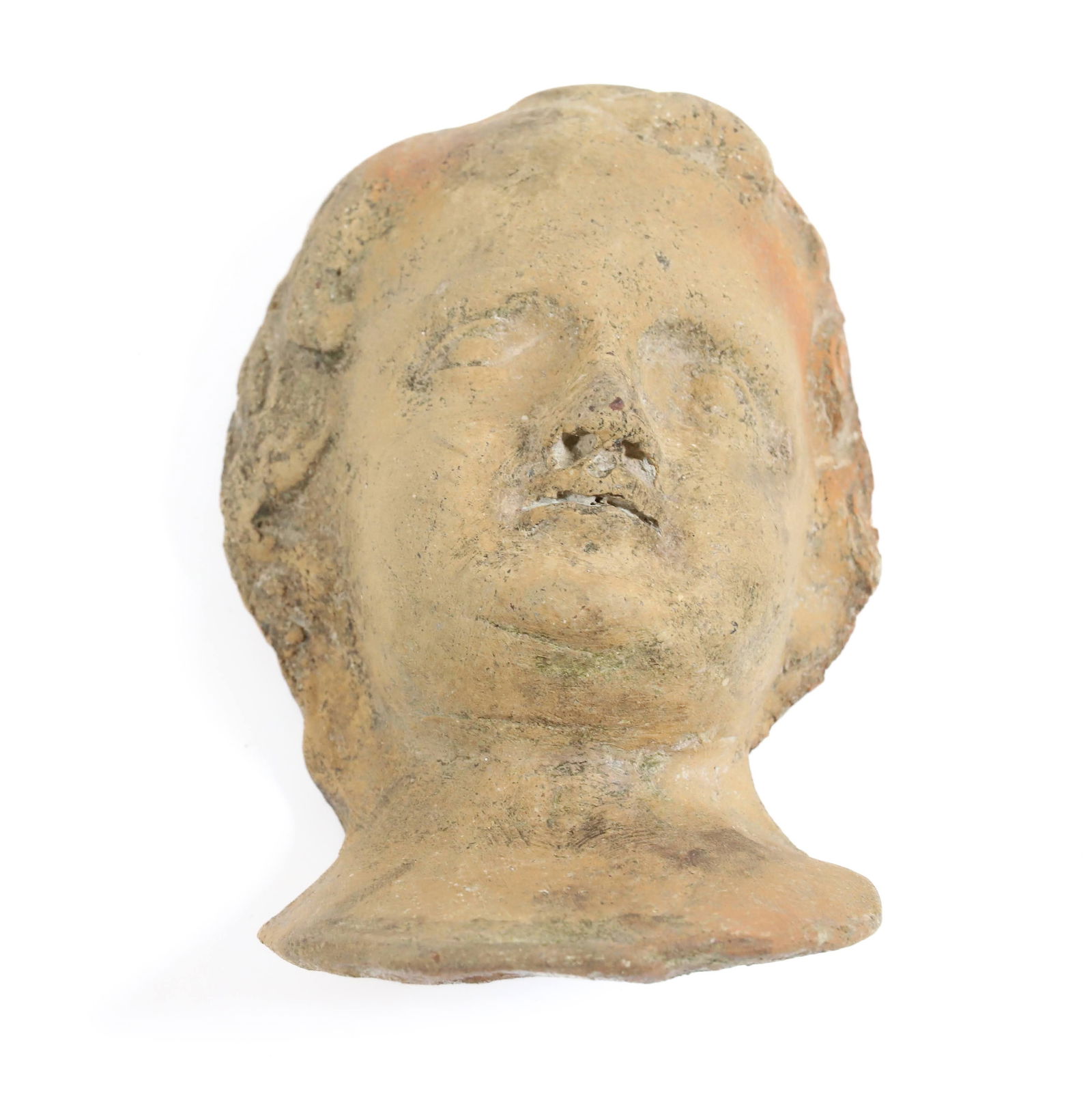 REDWARE POTTERY DOLL HEAD: MOLDED FACE WITH NECK PLATE. 5" L. PLEASE READ CAREFULLY - Terms for Purchasing and Shipping of Auction Items. Please read carefully before bidding. All payments for purchases will be made through Liv