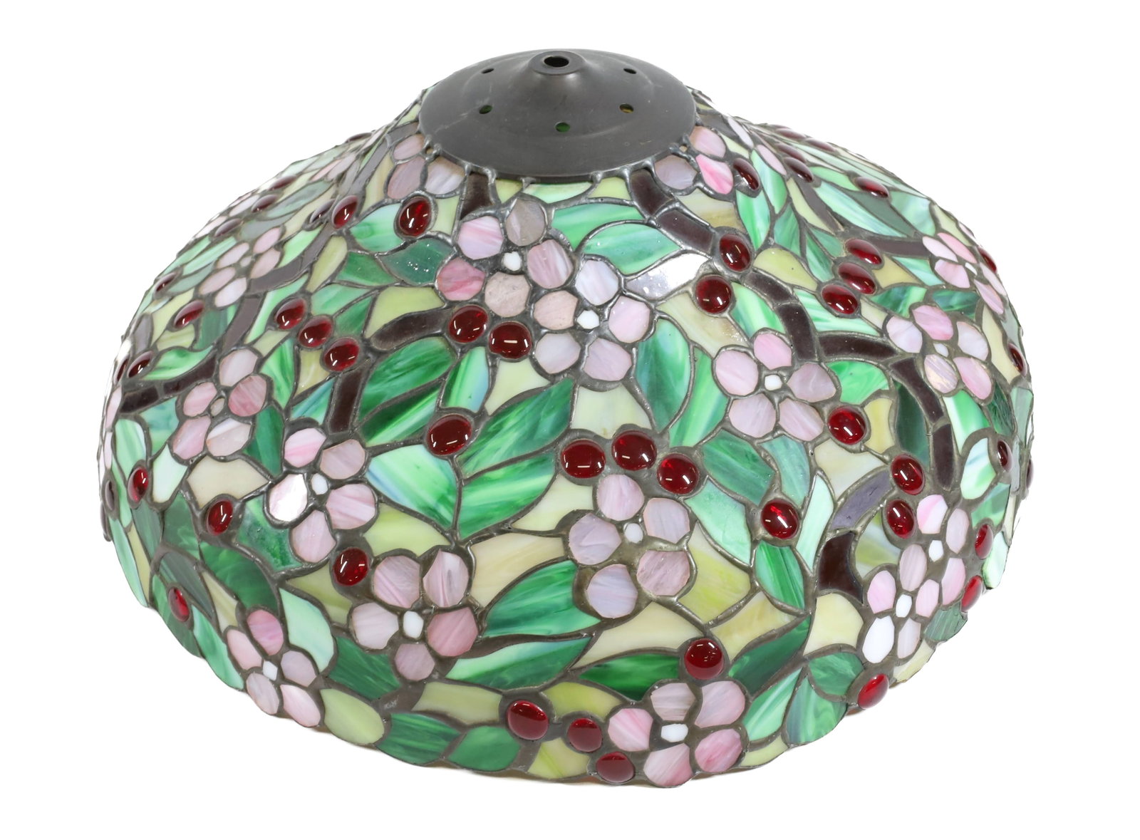 LEADED GLASS FLORAL SHADE: FIVE-PETAL FLOWERS WITH GREEN LEAVES. CHERRY RED JEWELS. BRASS FITTER CAP. 18 1/2" D. PLEASE READ CAREFULLY - Terms for Purchasing and Shipping of Auction Items. Please read carefully before bidding. 