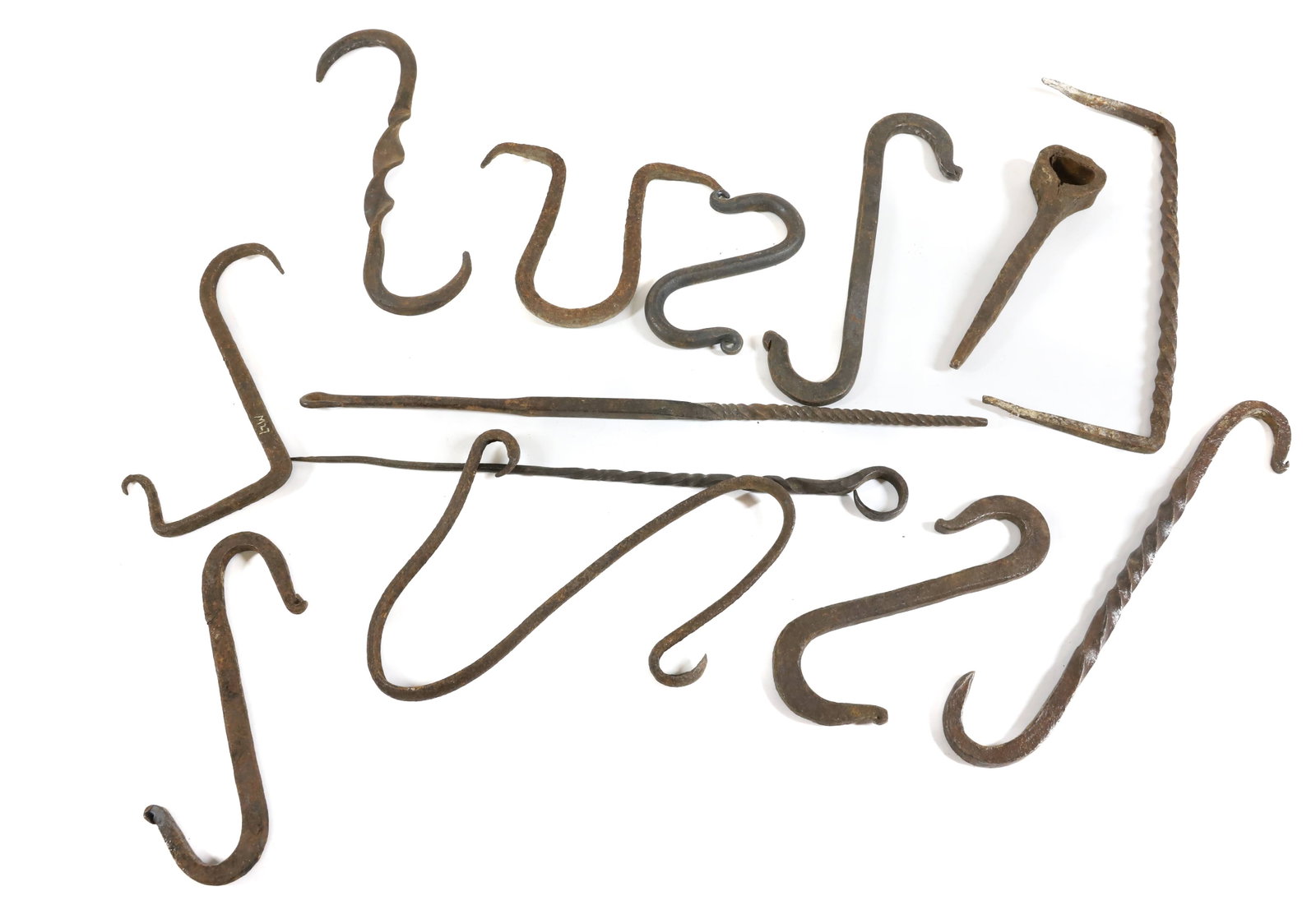 LOT OF IRON HOOKS AND MORE: S SHAPED MEAT HOOKS AND VARIOUS TWISTED IRON PIECES. LONGEST 13" L. PLEASE READ CAREFULLY - Terms for Purchasing and Shipping of Auction Items. Please read carefully before bidding. All payments for p