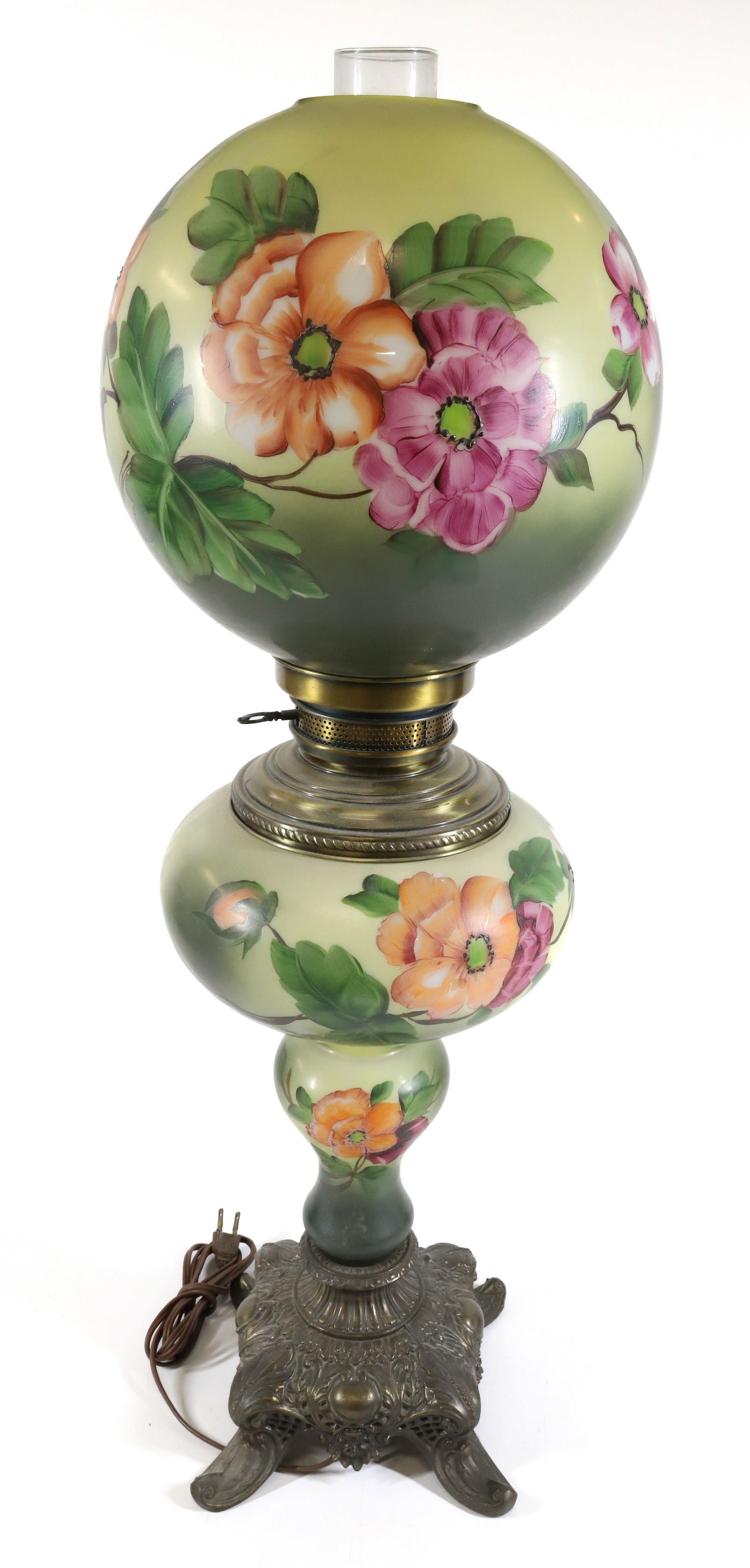 GONE WITH THE WIND LAMP: SHADED GREEN WITH FLORAL DECORATION. ELECTRIC. TOTAL HEIGHT 32". PLEASE READ CAREFULLY - Terms for Purchasing and Shipping of Auction Items. Please read carefully before bidding. All payments for purc