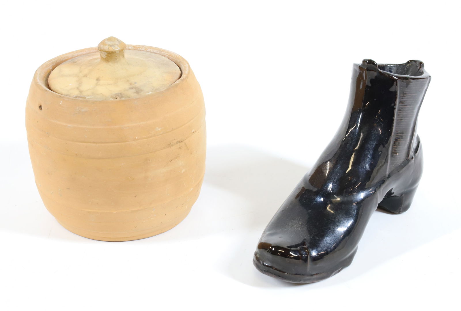 REDWARE SHOE AND POTTERY TOBACCO JAR (1 of 3)