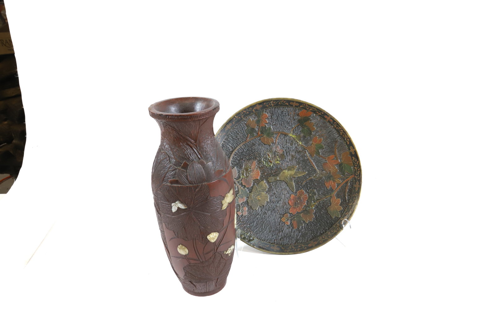 JAPANESE TEAK VASE AND CHARGER: CARVED TEAK WOOD VASE WITH INLAID MOTHER OF PEARL,BONE, CARVED BUTTERFLY,FROG(GLASS EYES) AND LOTUS BLOOMS. AND JAPANESE TOTAI SHIPPO CHARGER TREE BARK WITH CLOISONNE 12" X 4 3/4", 12 DIA PLEASE READ 