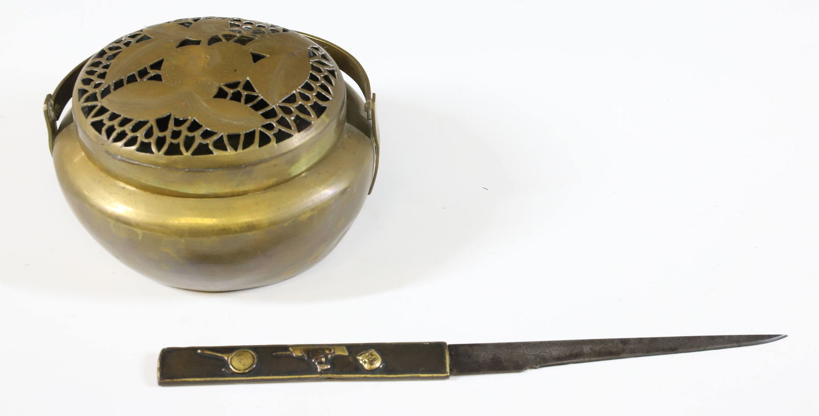 BRASS HAND WARMER AND JAPANESE SHORT SWORD (1 of 9)