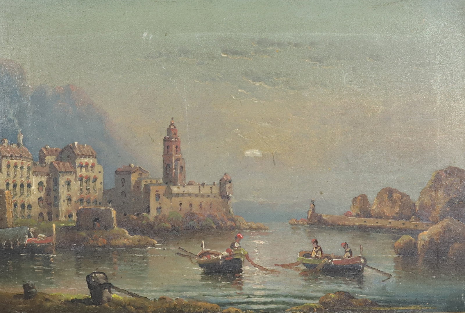 19TH C. OIL ON CANVAS: EUROPEAN SCENE. MEN IN BOATS. BUILDINGS BEHIND. UNSIGNED. 9 1/2" X 14 3/4". PLEASE READ CAREFULLY - Terms for Purchasing and Shipping of Auction Items. Please read carefully before bidding. All paymen