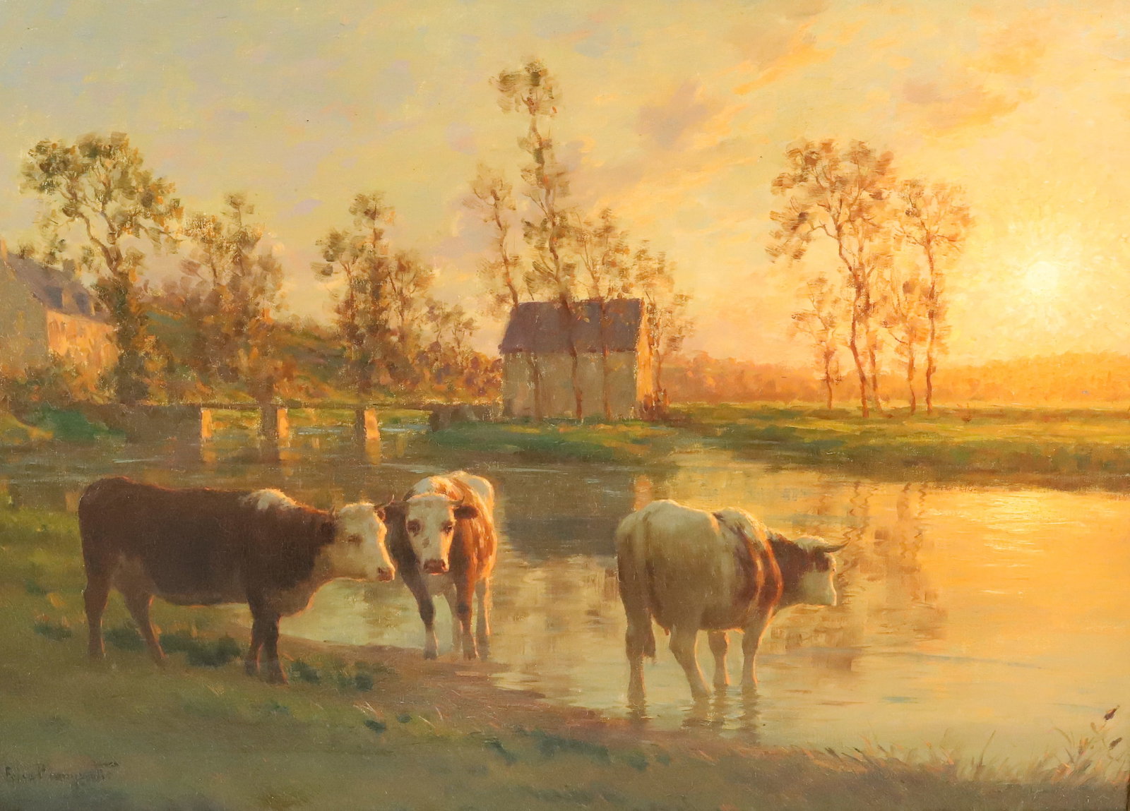 FELIX PLANQUETTE (1873-1964) OIL ON CANVAS PAINTING: COWS ASIDE OF A POND AT SUNRISE. SGND. LOWER LEFT. NAME PLAQUE ON FRAME. SIGHT VIEW 23" X 30 1/2". PLEASE READ CAREFULLY - Terms for Purchasing and Shipping of Auction Items. Please read carefully bef