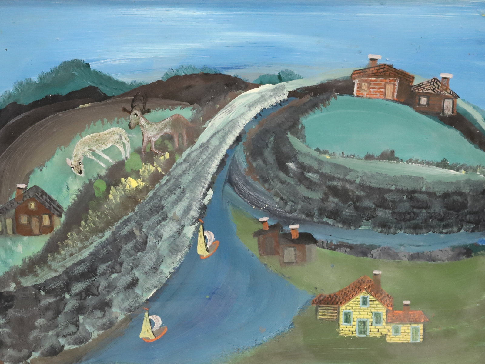 BRUNO DEL FAVERO (1910-1995) OIL ON BOARD: RURAL SCENE WITH DEER AND HOUSES ASIDE OF WATER WITH SAILBOATS. SGND. ON BACK. SIGHT VIEW 24" X 32". PLEASE READ CAREFULLY - Terms for Purchasing and Shipping of Auction Items. Please read carefully b