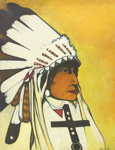 NATIVE AMERICAN PORTRAIT, KEVIN RED STAR, OIL ON CANVAS PAINTING: TITLED "NORTHERN PLAINS INDIAN WITH HEADDRESS" 1986. SGND. BOTTOM RIGHT AND ON BACK. SIGHT VIEW 30" X 24". PLEASE READ CAREFULLY - Terms for Purchasing and Shipping of Auction Items. Please read caref