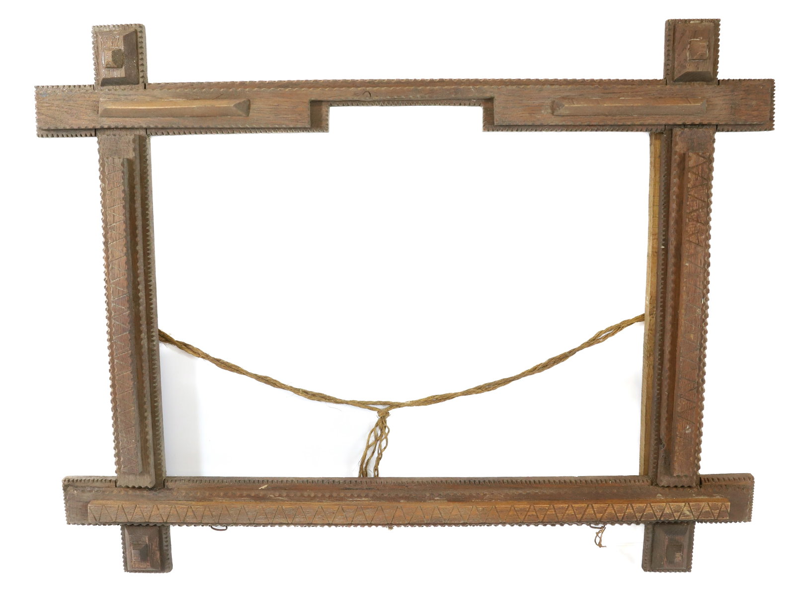 TRAMP ART FRAME: CHIP CARVED EDGES. ZIG ZAG DECORATION. 23 1/2" X 29 1/2". INTERIOR 14 1/2" X 20 1/2". PLEASE READ CAREFULLY - Terms for Purchasing and Shipping of Auction Items. Please read carefully before bidding. 