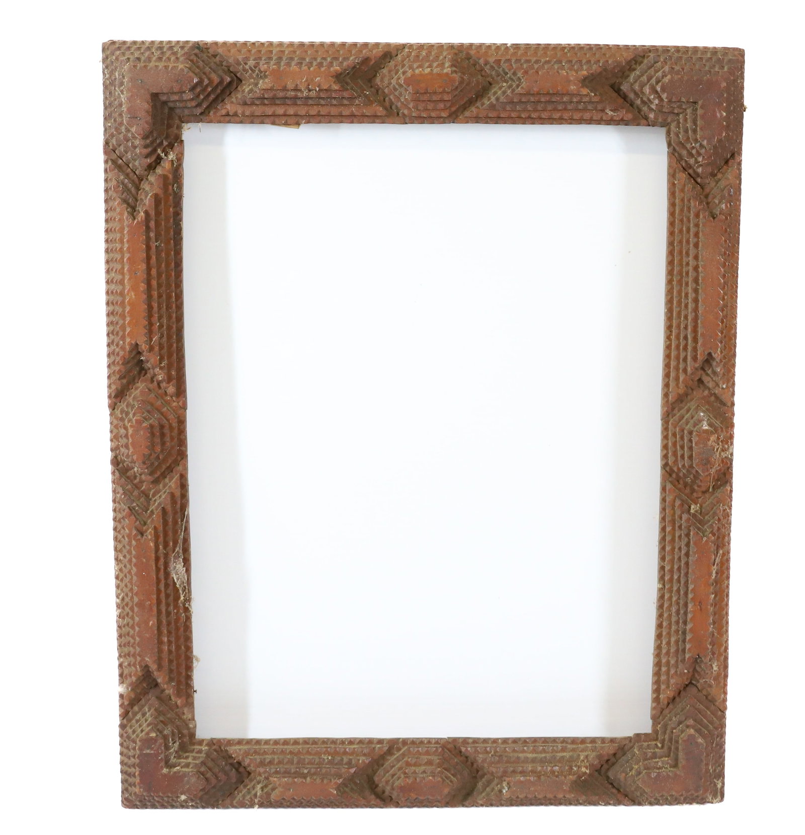 TRAMP ART FRAME: CHIP CARVED AND LAYERED. 20 1/2" X 16 1/2". INTERIOR 16 1/2" X 12 1/2". PLEASE READ CAREFULLY - Terms for Purchasing and Shipping of Auction Items. Please read carefully before bidding. All payments f
