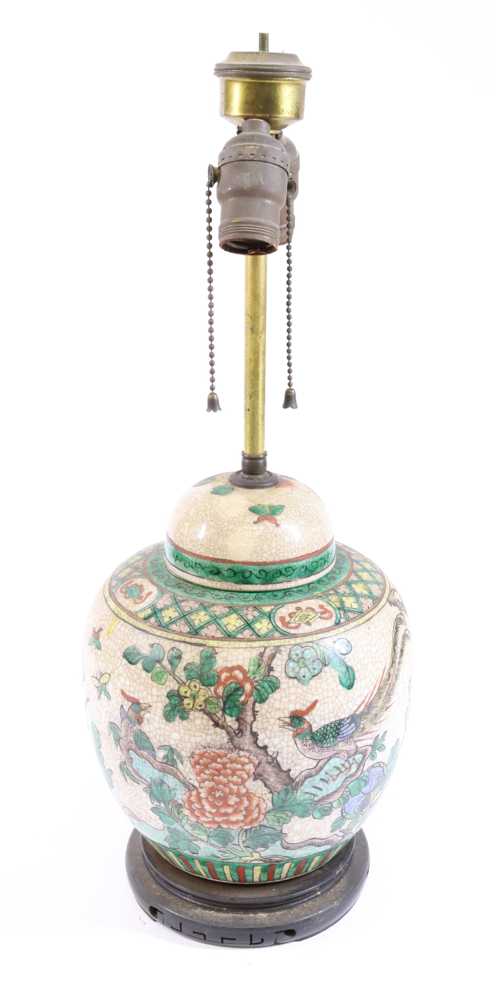 CHINESE PORCELAIN GINGER JAR: CONVERTED TO LAMP. WOODEN BASE WITH BIRD AND TREE MOTIF. JAR IS 9 1/2" H. PLEASE READ CAREFULLY - Terms for Purchasing and Shipping of Auction Items. Please read carefully before bidding. All payments