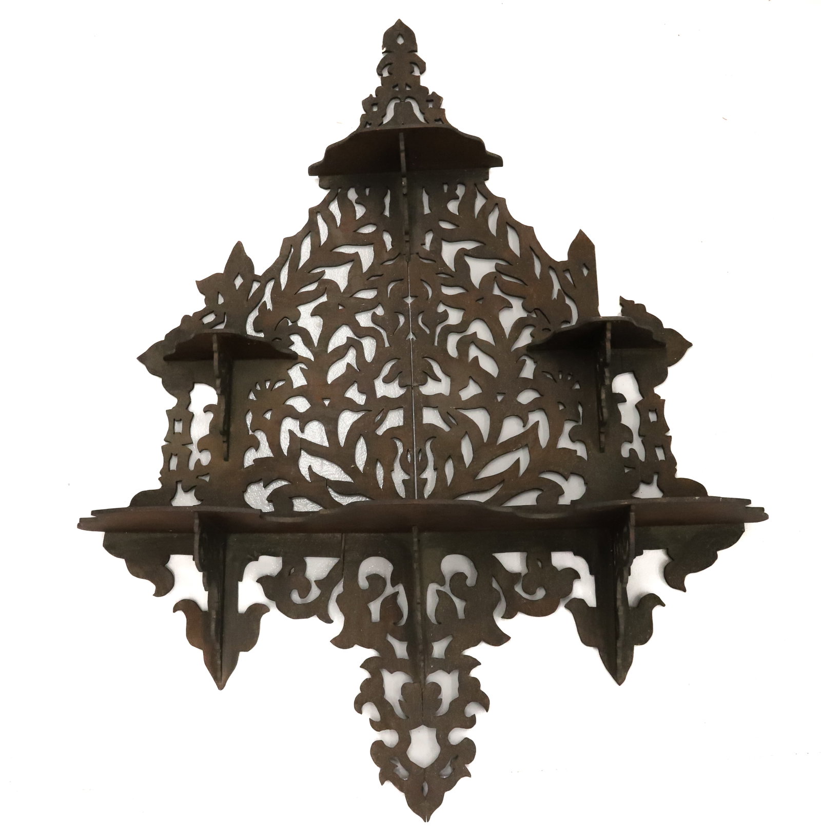 LARGE CUT-OUT WALL SHELF: FOUR SHELVES WITH ORNATE CUT-OUT BACK. 42" X 33" PLEASE READ CAREFULLY - Terms for Purchasing and Shipping of Auction Items. Please read carefully before bidding. All payments for purchases will be ma