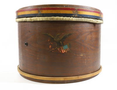 HENRY EISELE WOOD DRUM: ORIGINAL LABEL INSIDE. "BASS AND SNARE DRUMS, NY". EAGLE WITH 12-STAR FLAG ON EXTERIOR. 12" X 17 1/2". PLEASE READ CAREFULLY - Terms for Purchasing and Shipping of Auction Items. Please read carefully