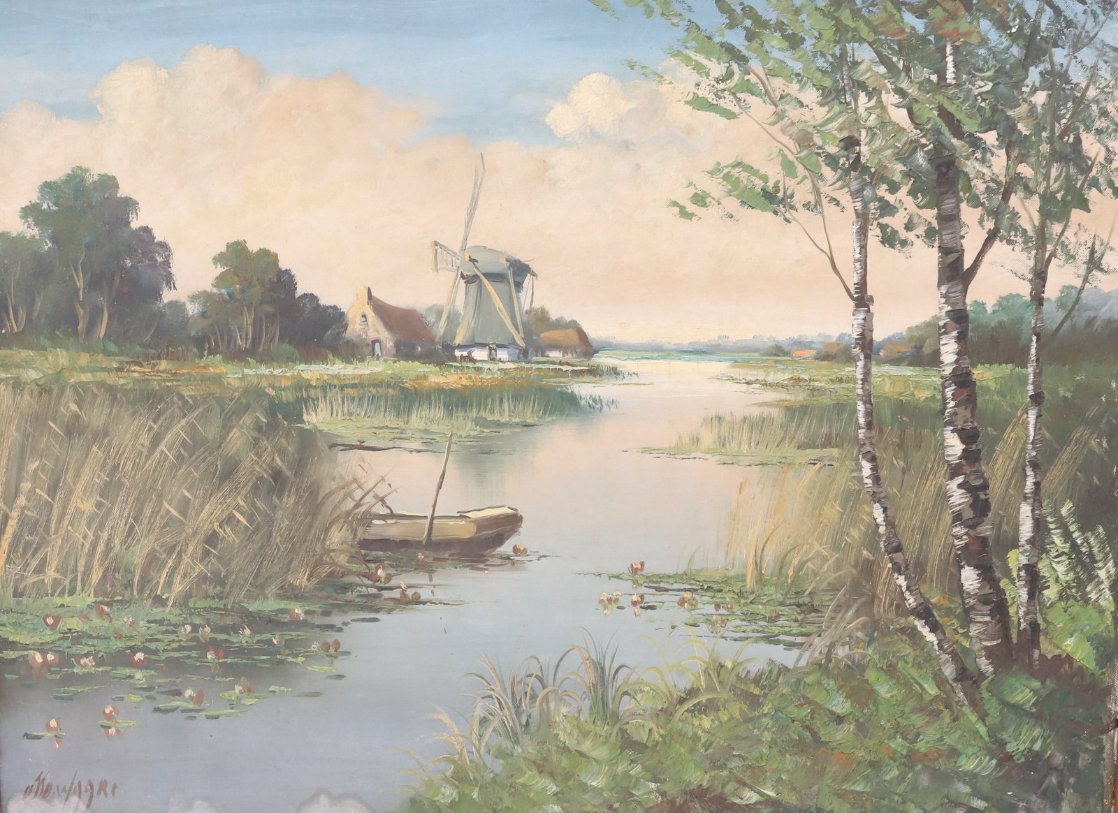 VINTAGE LANDSCAPE, OIL ON CANVAS: WINDMILL IN BACKGROUND WITH WATER AND WOODEN BOAT IN FOREGROUND. SGND. ON BOTTOM LEFT. FRAMED 25" X 32". PLEASE READ CAREFULLY - Terms for Purchasing and Shipping of Auction Items. Please read careful