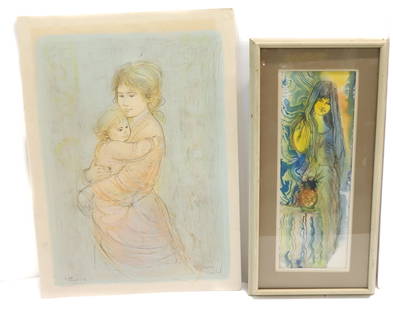 EDNA HIBEL "COLLETTE & CHILD" AND WATERCOLOR PORTRAIT: HIBEL SGND. BOTTOM RIGHT AND BOTTOM LEFT "25/250ED 275" IN PENCIL. 22 1/4" X 16 1/4". ENHANCED LITHO. WITH, WATERCOLOR OF WOMAN STANDING ASIDE OF TABLE. SGND. "ULHAUS" BELOW VASE. MATTED AND FRAMED UN