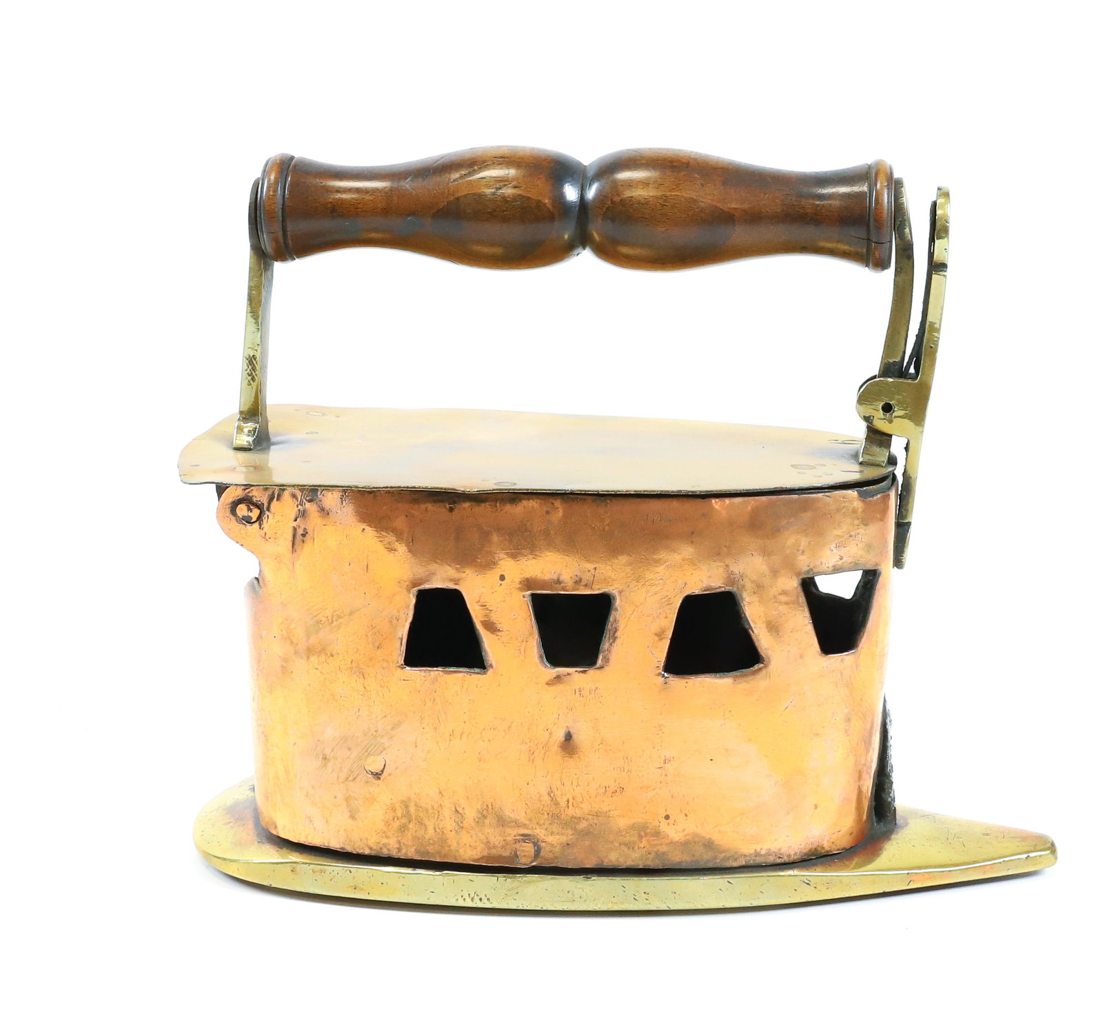 ANTIQUE EUROPEAN CHARCOAL IRON: BRASS BASE WITH COPPER BODY, 9 1/4" PLEASE READ CAREFULLY - Terms for Purchasing and Shipping of Auction Items. Please read carefully before bidding. All payments for purchases will be made through Li