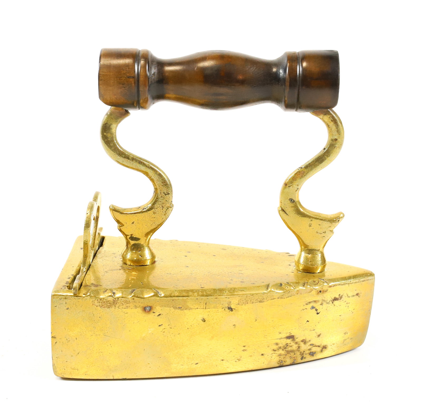 EARLY EUROPEAN BOX IRON: BRASS BODY WITH FISHTAIL POSTS, HEART CUTOUT LIFT GATE - 5 3/4" PLEASE READ CAREFULLY - Terms for Purchasing and Shipping of Auction Items. Please read carefully before bidding. All payments for purch