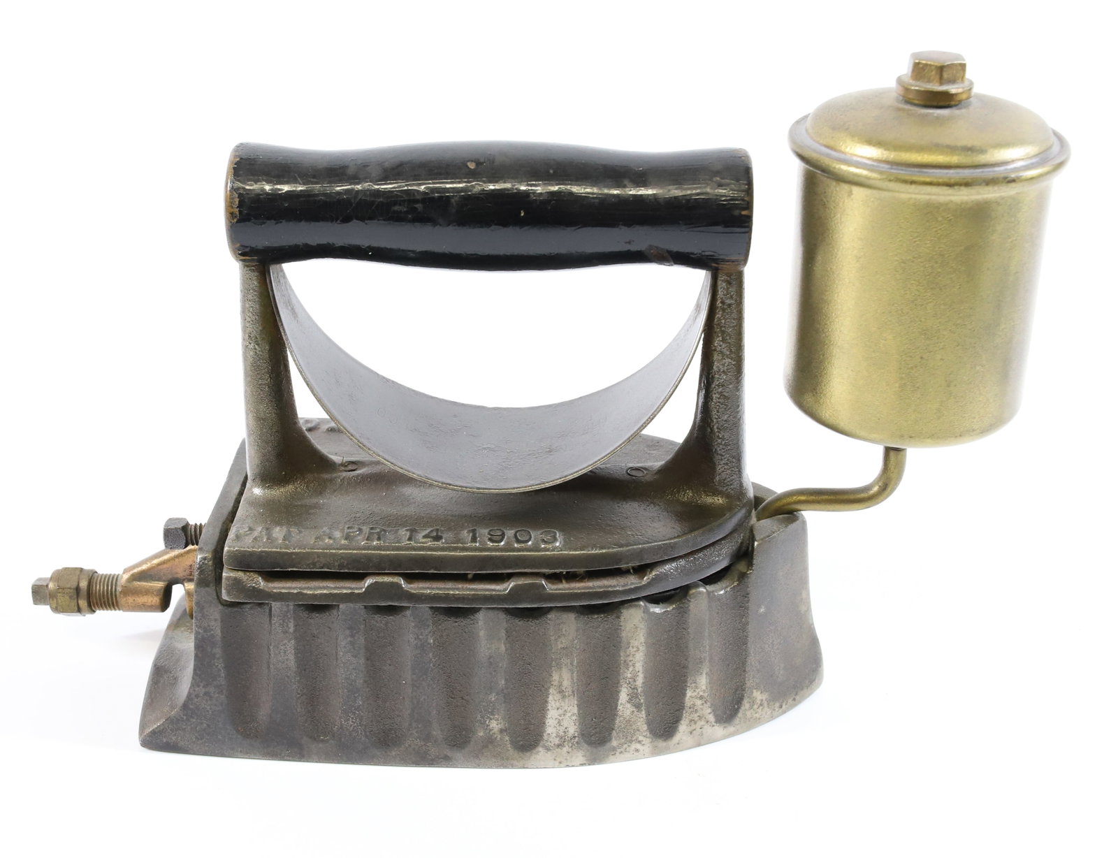 THE MONITOR LIQUID FUEL IRON: PAT. APR 14, 1903. WOODEN HANDLE WITH HEAT SHIELD. BRASS FUEL TANK. 7" L. PLEASE READ CAREFULLY - Terms for Purchasing and Shipping of Auction Items. Please read carefully before bidding. All payments