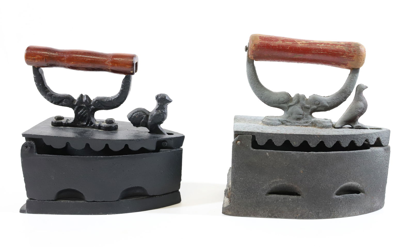 (2) CHARCOAL IRONS WITH BIRD MOTIF LEVERS (1 of 4)