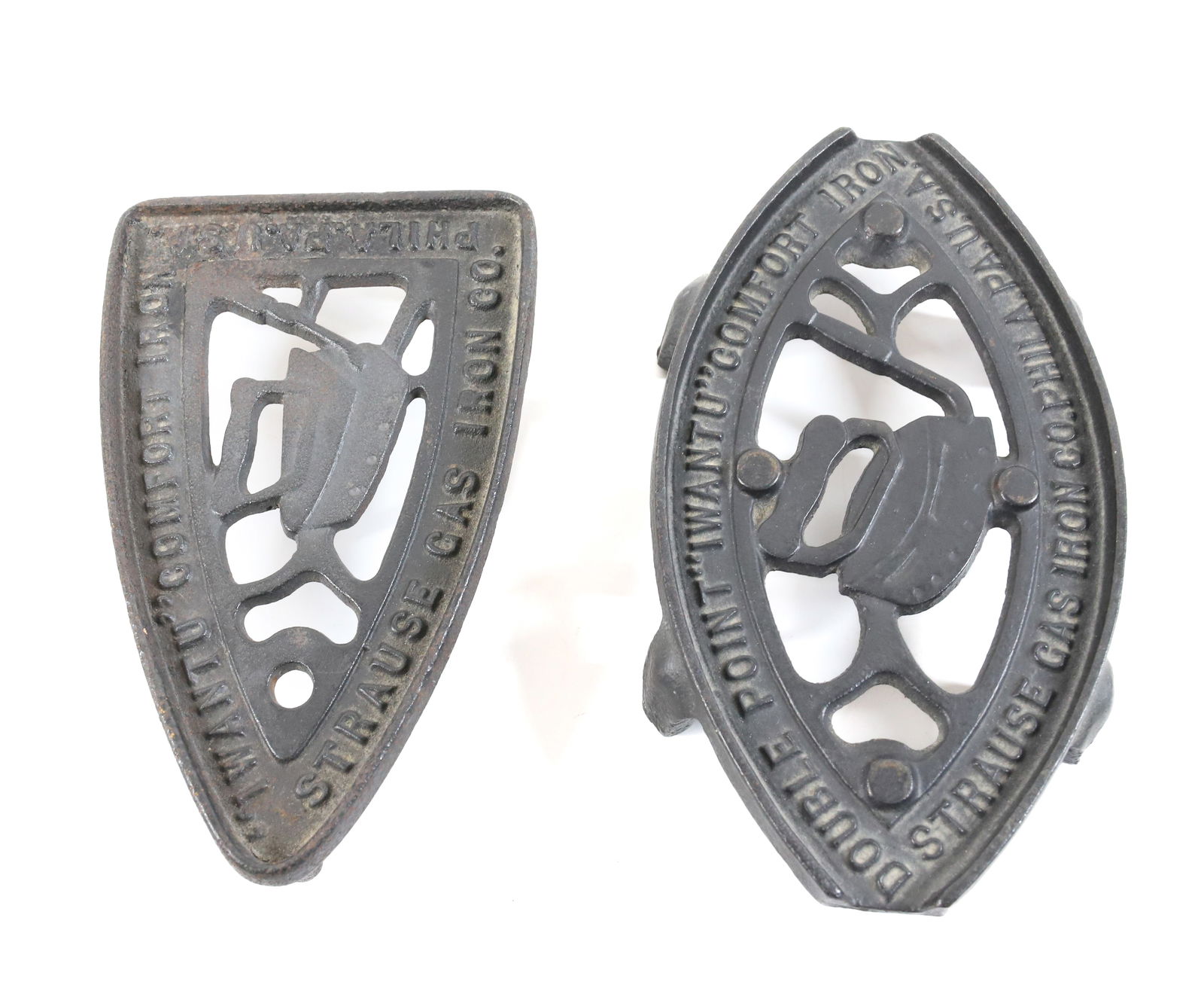 (2) STRAUSE GAS IRON TRIVETS: I WANT U COMFORT IRON...PHILADELPHIA. 6 1/2" AND 7 1/2" L. PLEASE READ CAREFULLY - Terms for Purchasing and Shipping of Auction Items. Please read carefully before bidding. All payments for purchases