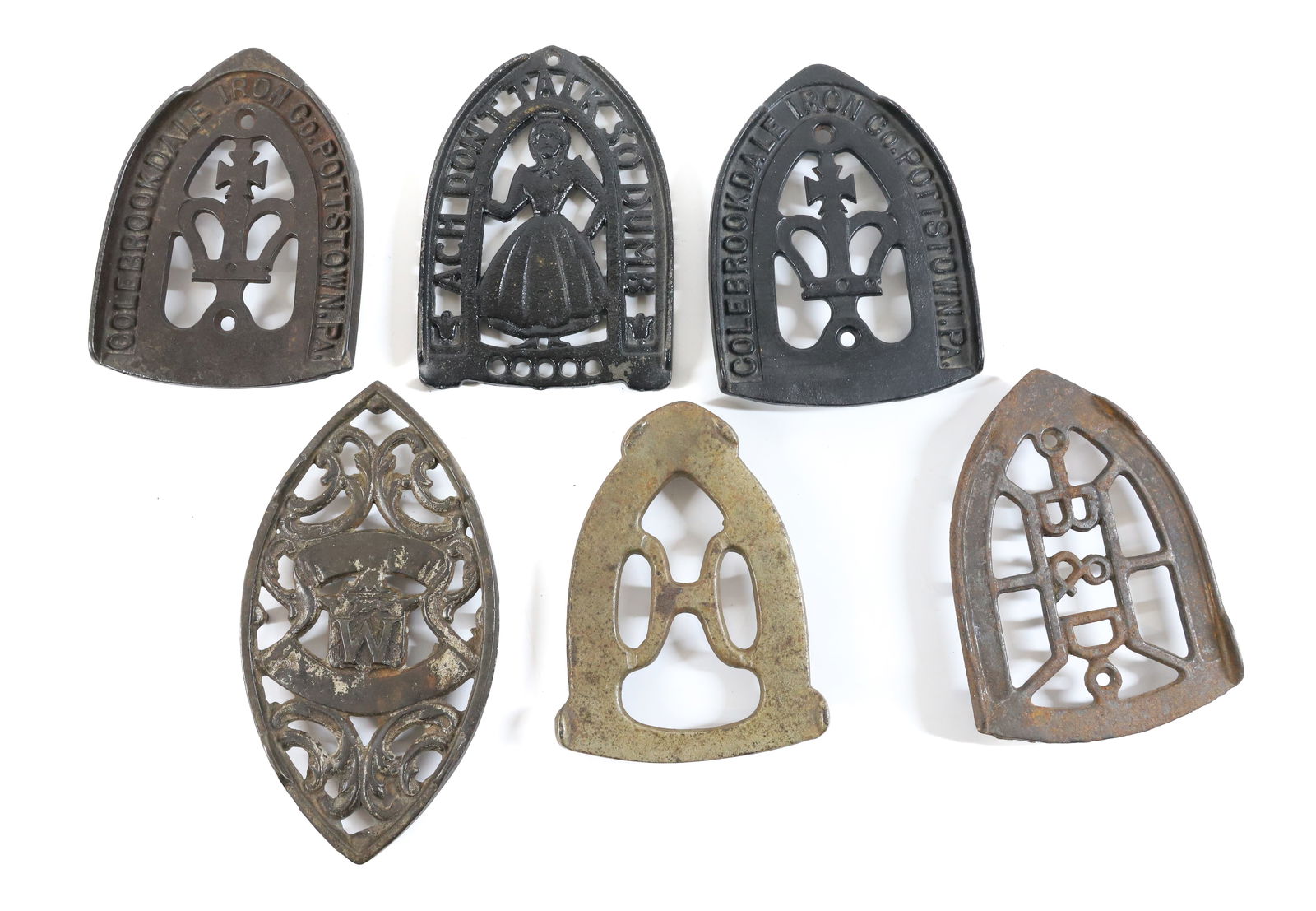 (6) ADVERTISING TRIVETS: CAST IRON INCLUDING: WAPAK, (2) COLEBROOKDALE, POTTSTOWN, PA, B&D AND MORE. PLEASE READ CAREFULLY - Terms for Purchasing and Shipping of Auction Items. Please read carefully before bidding. All paymen