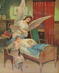 FRAMED RELIGIOUS PRINT: ANGEL WITH TWO CHILDREN. FRAMED UNDER GLASS. TOTAL SIZE 23 1/2" X 19 1/2". PLEASE READ CAREFULLY - Terms for Purchasing and Shipping of Auction Items. Please read carefully before bidding. All payment