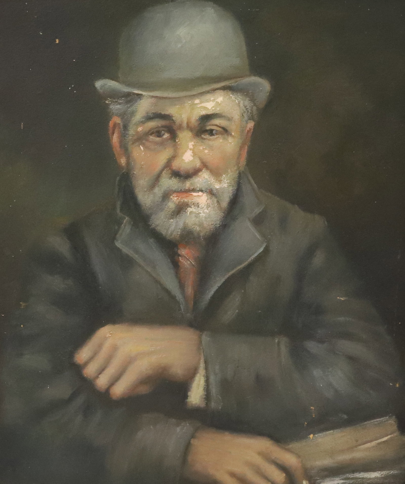 PORTRAIT OF A MAN, OIL ON BOARD: MAN IN BOWLER HAT WITH ARMS CROSSED. UNSIGNED. FRAMED. 30" X 25 1/2". PLEASE READ CAREFULLY - Terms for Purchasing and Shipping of Auction Items. Please read carefully before bidding. All payments for