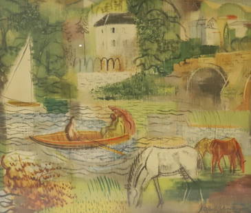 VINTAGE FRAMED PRINT: HORSES GRAZING ASIDE OF RIVER WITH TOWN IN BACKGROUND. MRKD. BOTTOM RIGHT CORNER. FRAMED UNDER GLASS. 27" X 30 1/2". PLEASE READ CAREFULLY - Terms for Purchasing and Shipping of Auction Items. Please