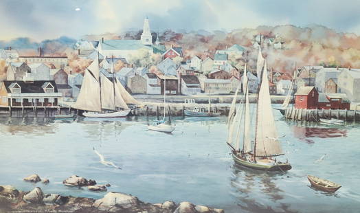 DONALD ALLEN MOSHER SGND. PRINT: ROCKPORT FROM THE HEADLANDS. SGND/NUMBERED 350/450 BOTTOM RIGHT. MATTED AND FRAMED UNDER GLASS. TOTAL SIZE 24 1/2" X 34 1/2". PLEASE READ CAREFULLY - Terms for Purchasing and Shipping of Auction Items