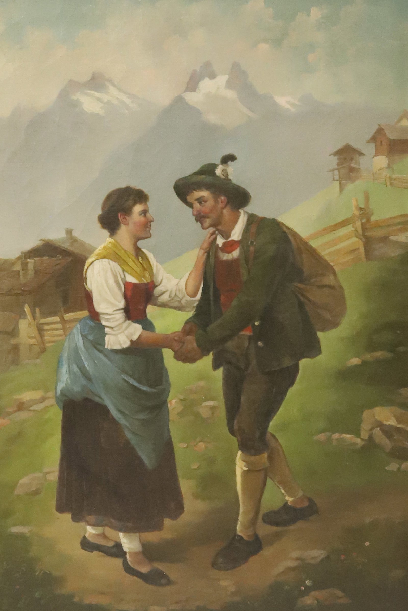 ANTIQUE EUROPEAN OIL ON CANVAS: MAN AND WOMAN CENTRAL FIGURES WITH HOMES AND MOUNTAINS IN DISTANCE. ORNATE GOLD FRAME. UNSIGNED. SIGHT VIEW 25 3/4" X 17 3/4". PLEASE READ CAREFULLY - Terms for Purchasing and Shipping of Auction Item