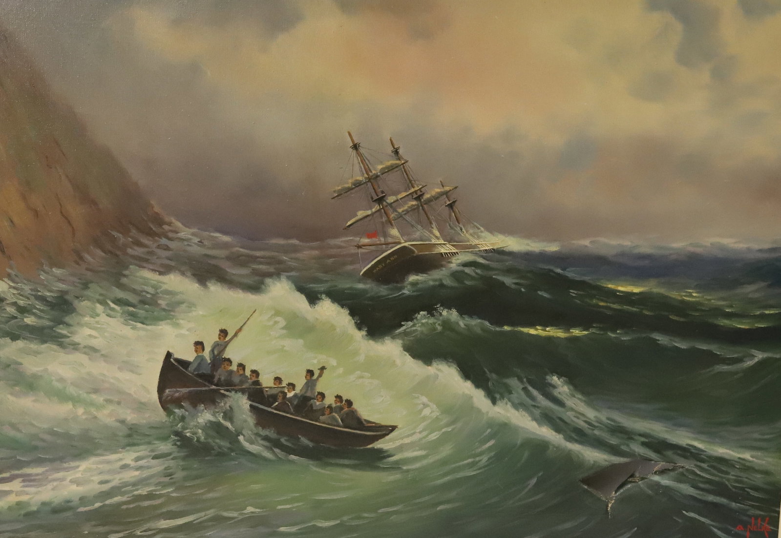 A.NELKE OIL ON CANVAS: MARY ANN SHIP IN STORM WITH CREW IN LIFEBOAT. SGND. BOTTOM RIGHT. 29 1/2" X 41 1/2". PLEASE READ CAREFULLY - Terms for Purchasing and Shipping of Auction Items. Please read carefully before bidding. A