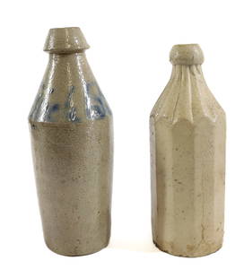 (2) STONEWARE BOTTLES: P. PFANNEBECKER, SR WITH BLUE "BIRCH BEER" AND MOLDED FLAT SIDE BOTTLE. 10 3/4" AND 9 3/4" H. PLEASE READ CAREFULLY - Terms for Purchasing and Shipping of Auction Items. Please read carefully before b