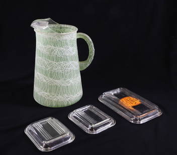 MID CENTURY PITCHER AND PYREX LIDS: GREEN AND WHITE PITCHER 9" H - JAR LIDS WITH ORIGINAL LABEL PLEASE READ CAREFULLY - Terms for Purchasing and Shipping of Auction Items. Please read carefully before bidding. All payments for purchases