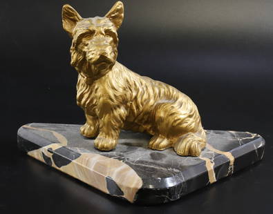 PAINTED DOG DOOR STOP: STONE BASE WITH PAINTED WHITE METAL DOG - 9 1/2" L PLEASE READ CAREFULLY - Terms for Purchasing and Shipping of Auction Items. Please read carefully before bidding. All payments for purchases will be