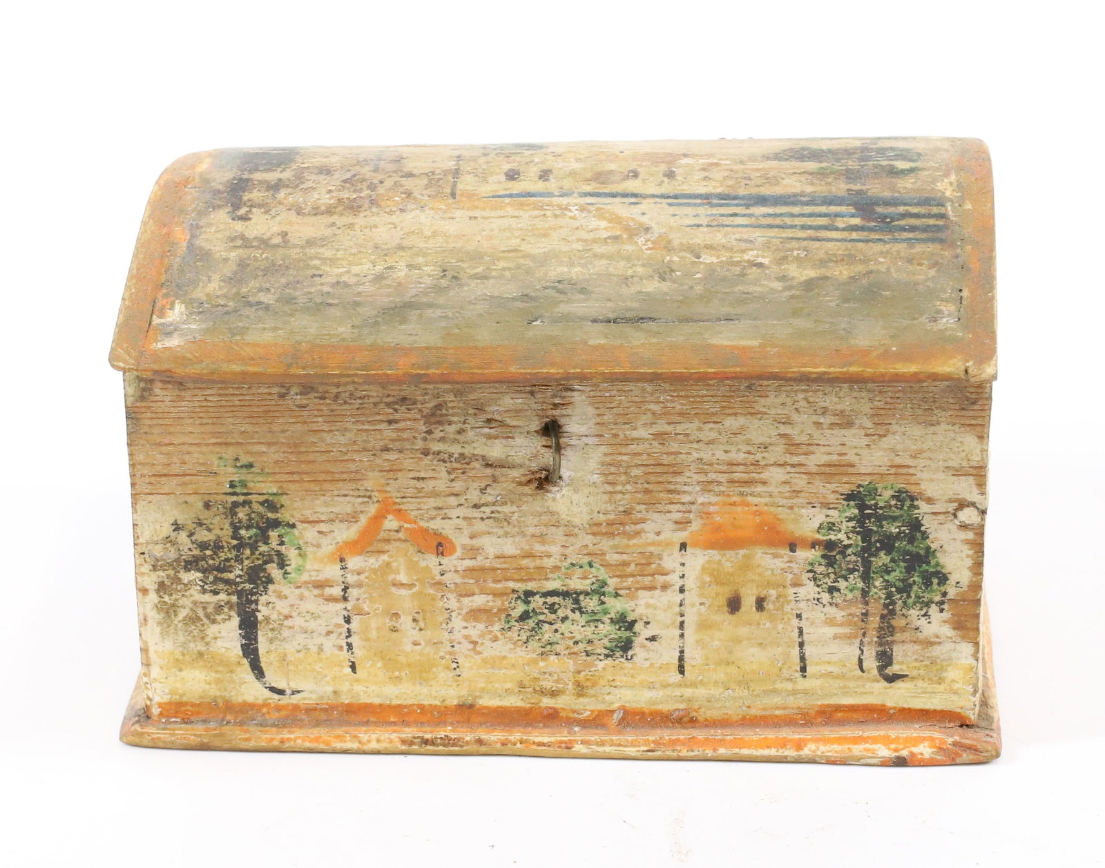 MINIATURE PAINTED BOX: DOME TOP TRINKET BOX, PAINTED ON ALL SIDES AND LID WITH HOUSES AND LANDSCAPE DECORATION - 2 3/4" X 4 1/4" X 3"