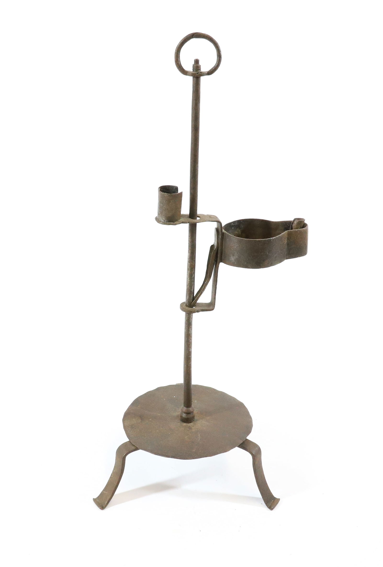 EARLY BETTY LAMP CANDLE HOLDER: ADJUSTABLE HEIGHT, TRIPOD BASE, RING FINGER LOOP AT TOP - 16 1/2" H