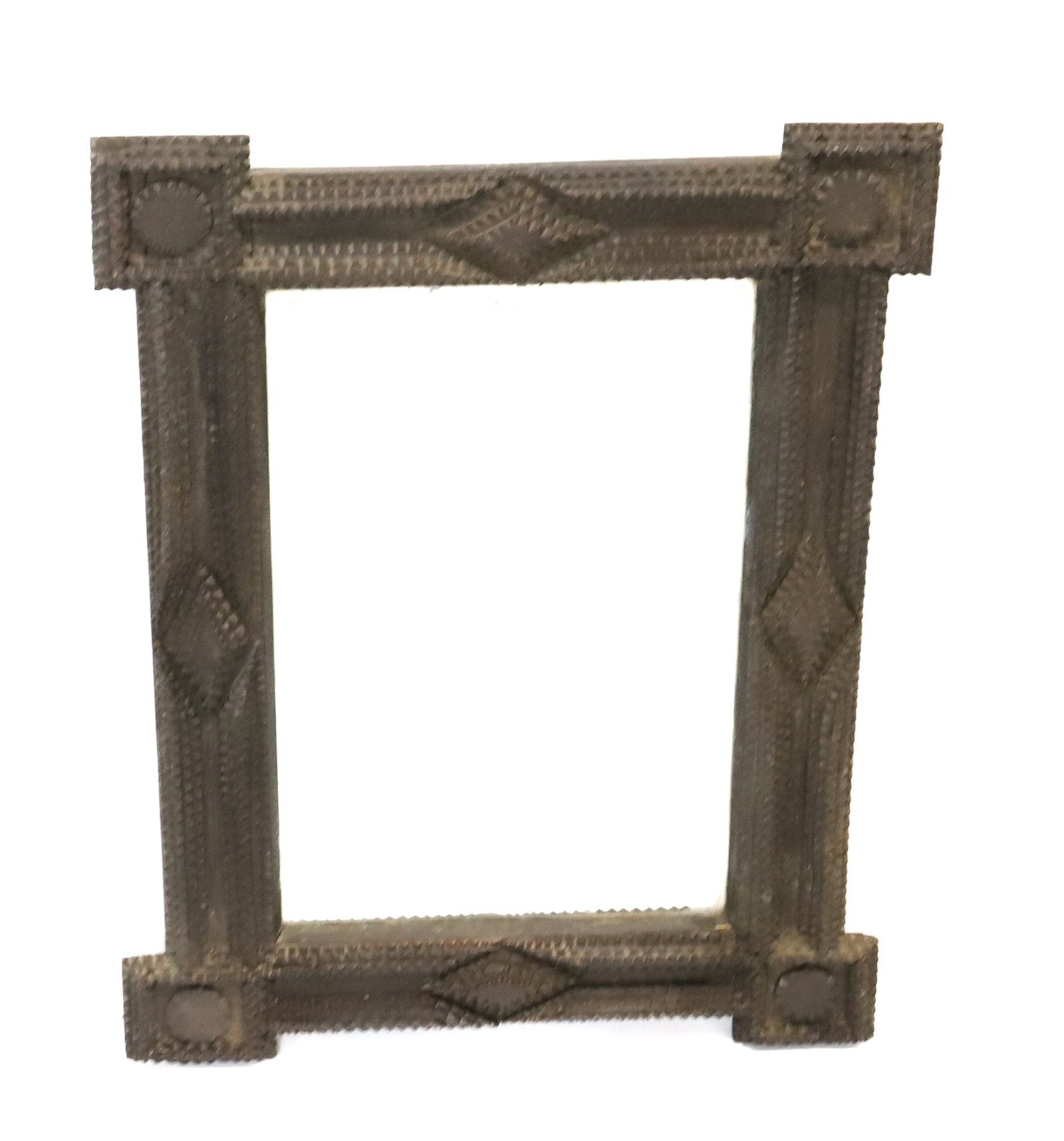 TRAMP ART FRAMED MIRROR: CHIP CARVED WITH DARK FINISH. 15 1/2" X 20".