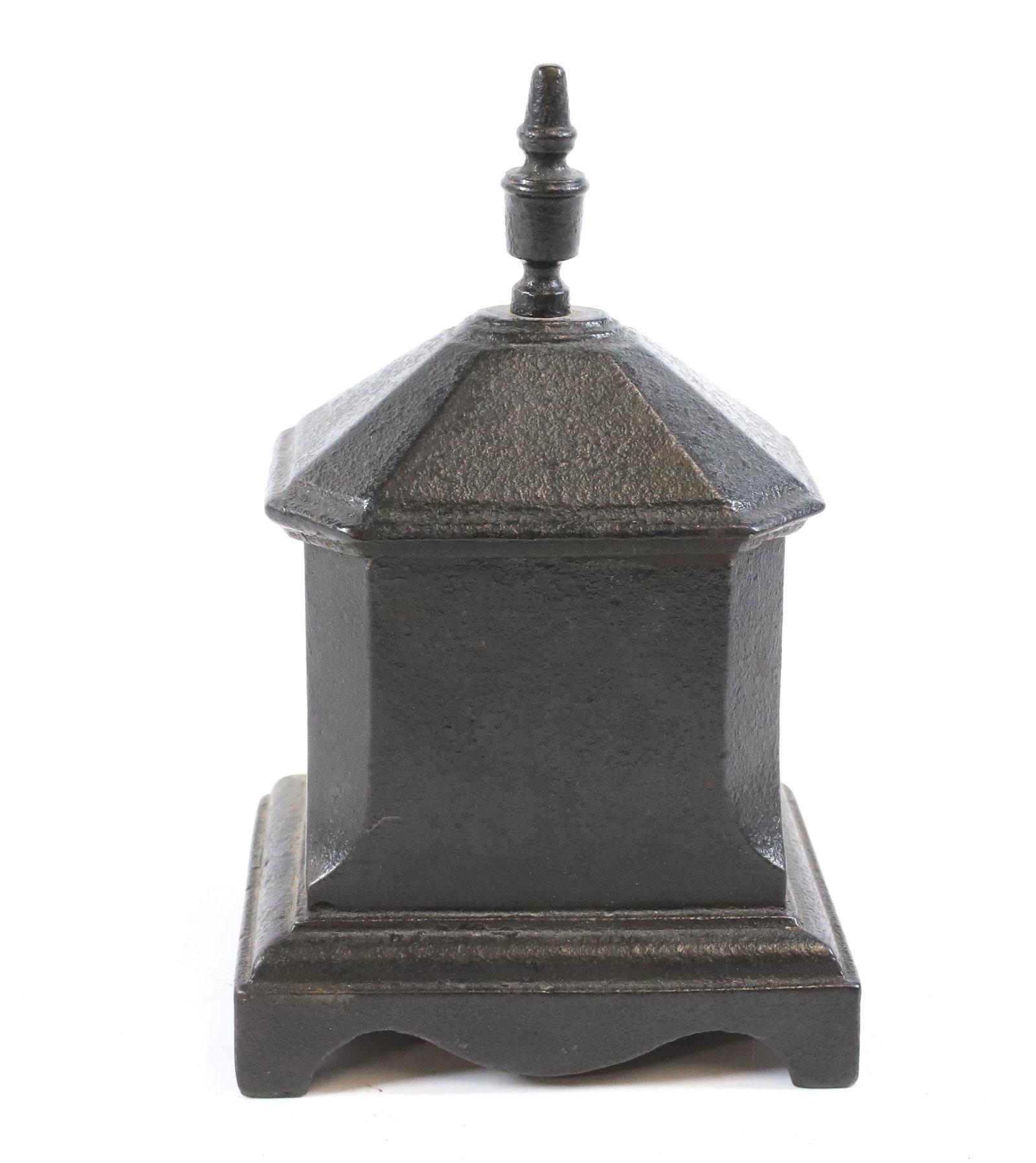 19TH CENTURY CAST IRON TOBACCO BOX: OCTAGONAL BODY ON RECTANGULAR BASE, BLACK PAINTED SURFACE - 7" H