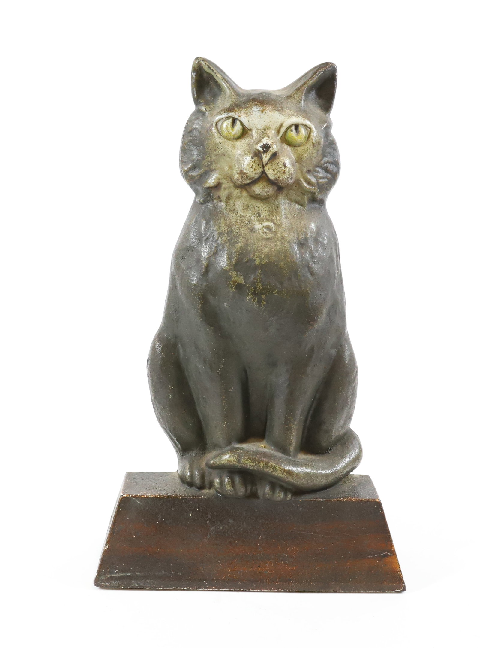 CAST IRON CAT DOOR STOP: SITTING CAT WITH TAIL ACROSS FEET, PAINTED SURFACE - 12 1/2"