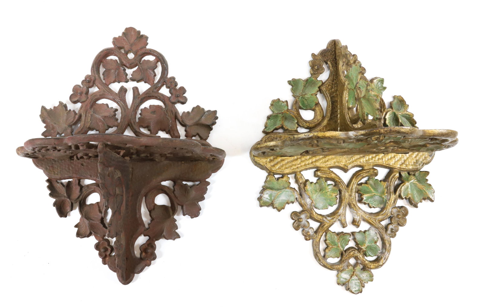 PR. OF CAST IRON VICTORIAN SHELVES: MATCHING STYLE, DIFFERENT PAINT - GREEN AND GOLD AND BRICK RED - 14" X 10" X 5"