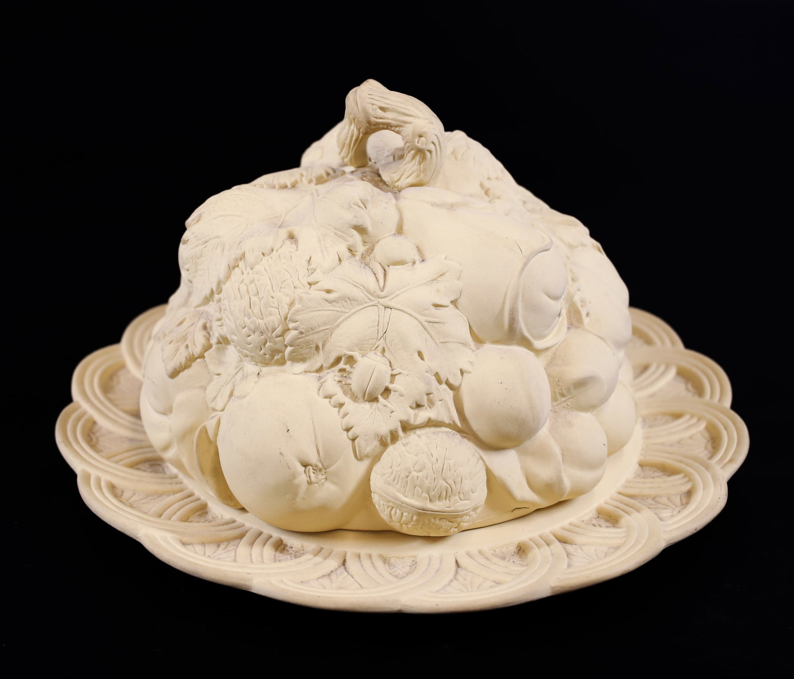 19TH CENTURY CANEWARE GAMING DISH: FRUIT AND VEGETABLES ON BASKET WEAVE BASE, MARKED; WS & S - BASE MEASURES 8" D
