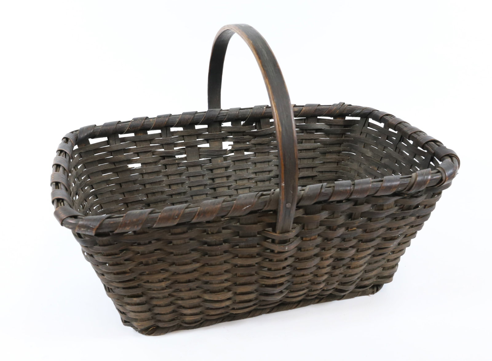 ANTIQUE GATHERING BASKET: DARK PAINTED SURFACE WITH WRAPPED RIM AND BASE. 17" L.