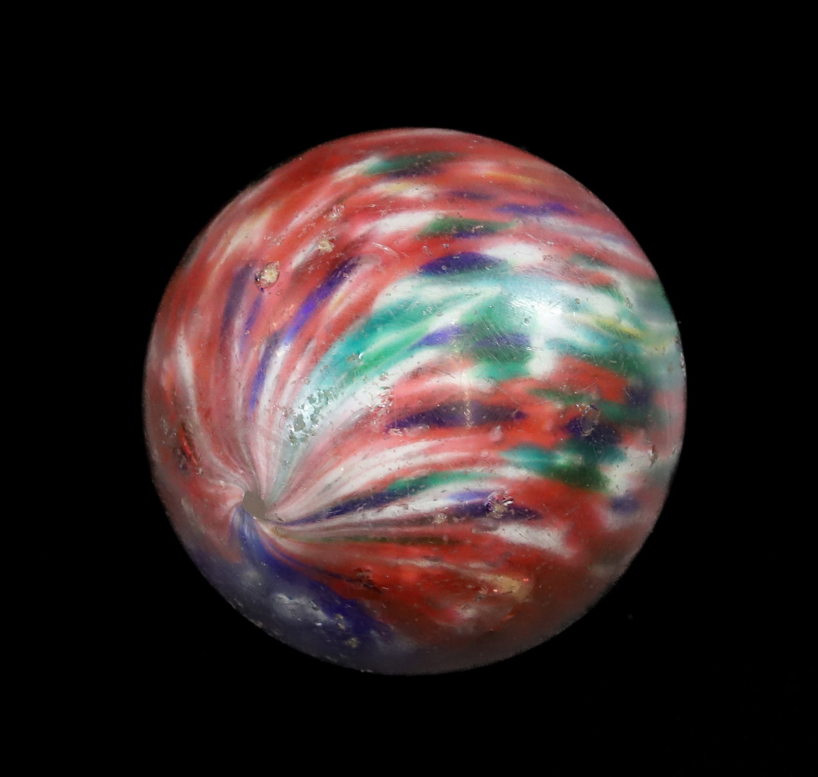 LARGE ONION SKIN GLASS MARBLE: RED/BLUE/WHITE/GREEN SWIRL. 2 1/4" D.