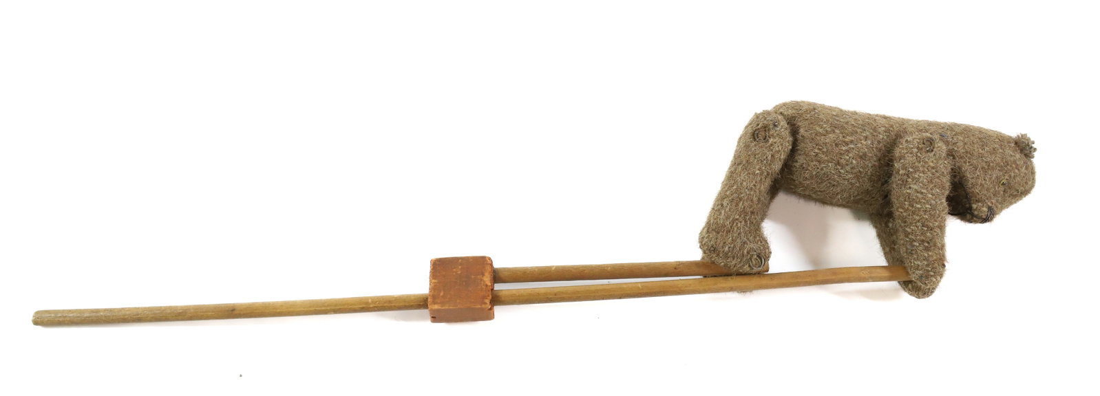 ANTIQUE TUMBLING BEAR TOY: JOINTED WOOL BEAR ON WOODEN DOWEL - 18 1/2"