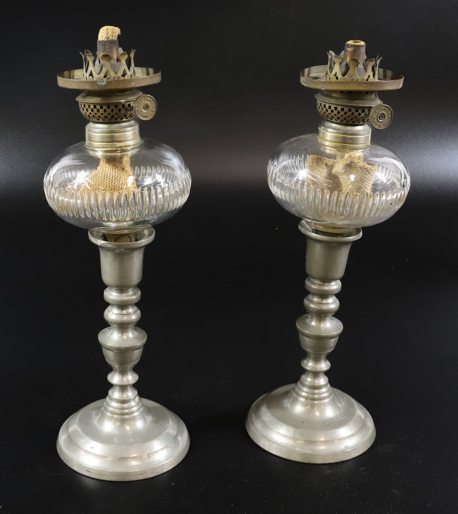 PR. OF PEWTER PEG LAMPS: BASES MARKED; KPP WITH MATCHING GLASS INSERTS - 13" H