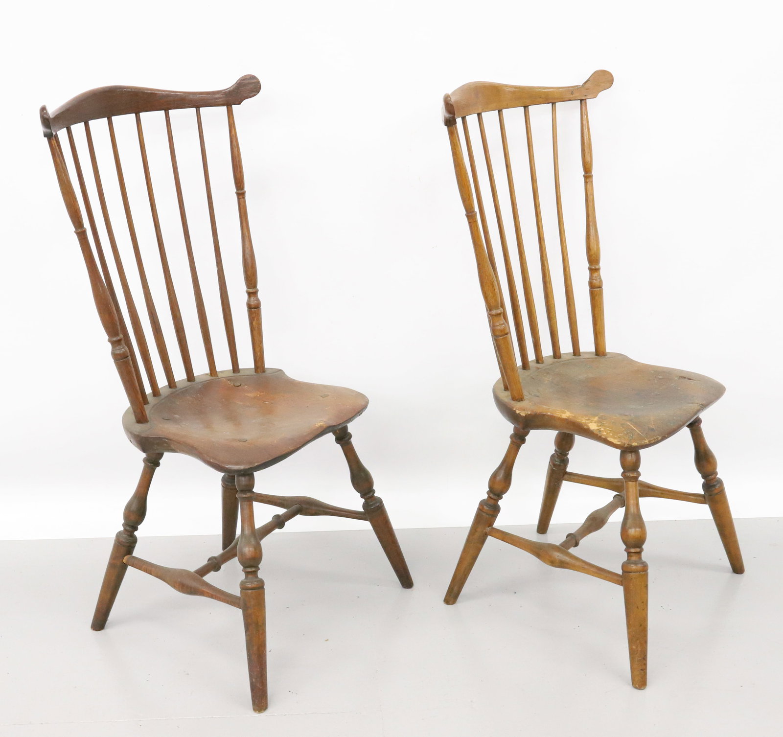 PAIR OF ANTIQUE WINDSOR CHAIRS: SADDLE SEATS WITH LEGS MORTISED THROUGH. 40" X 16" X 16". PLEASE READ CAREFULLY - Terms for Purchasing and Shipping of Auction Items. Please read carefully before bidding. All payments for purchases w