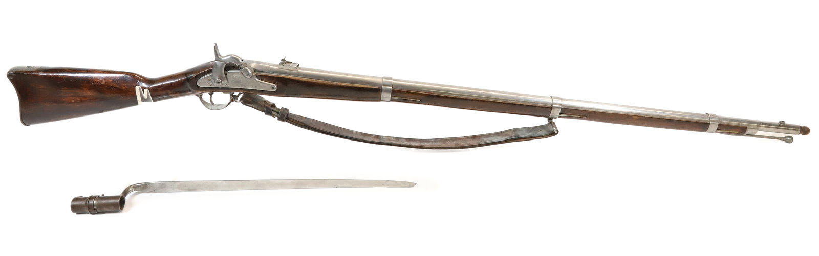 COPY OF U.S. SPRINGFIELD MODEL 1861: 60 CAL, SERIAL# 0405, WITH BAYONET, COPY MADE IN JAPAN, 55" OVERALL LENGTH, THIS GUN DOES NOT REQUIRE REGISTRATION UPDATED 2024 TERMS FOR PURCHASING AND SHIPPING OF AUCTION ITEMS. PLEASE READ CAREFULL